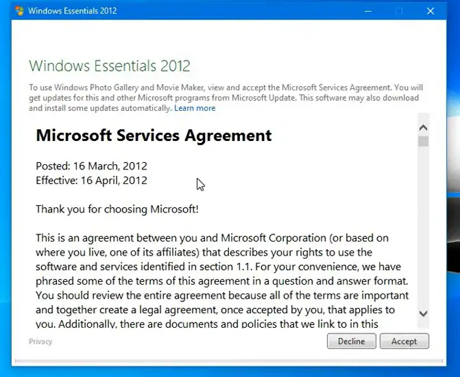 accepter le contrat de services Microsoft