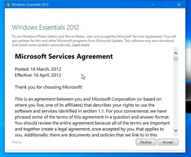 accept windows essentials 2012 agreement