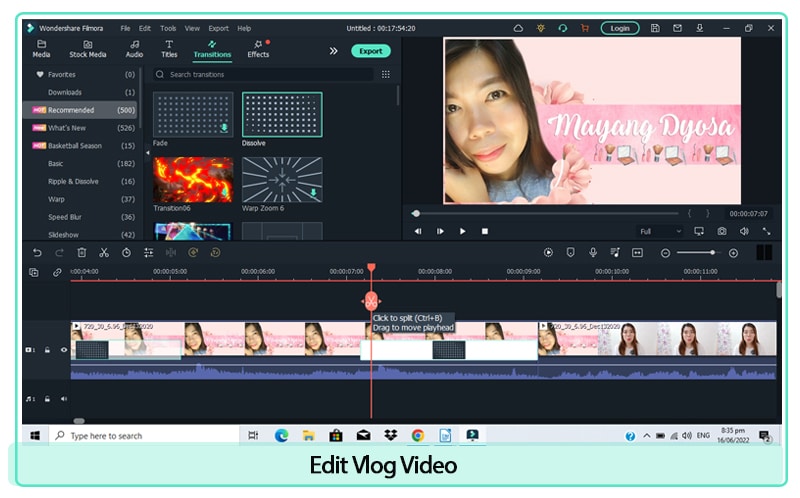 add transitions vlog video filmora