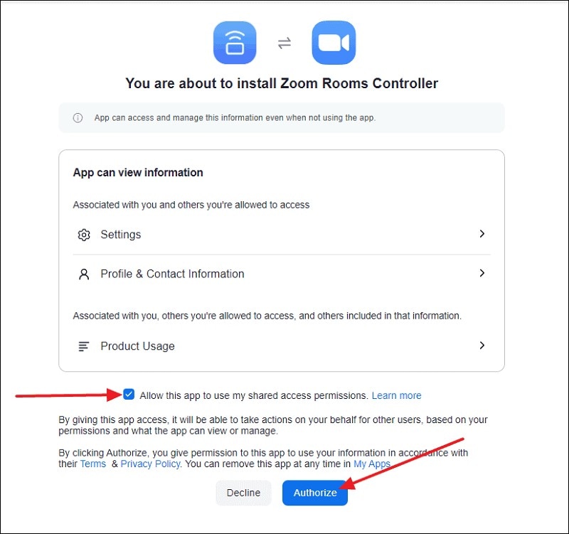 authorize zoom install