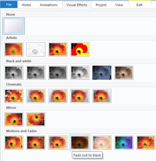 scegliere effetti di dissolvenza editor di finestre