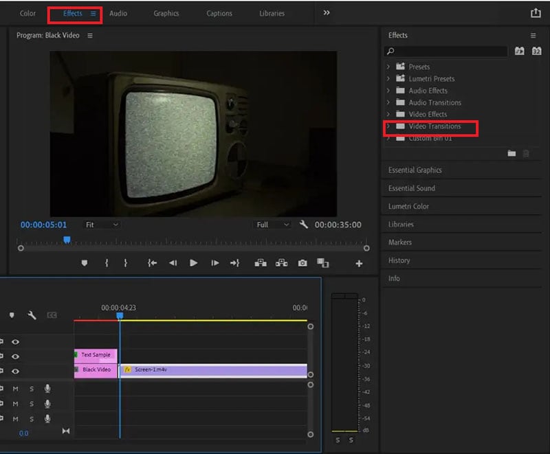 النقر على خيار "انتقالات الفيديو Video Transitions" في Premiere Pro