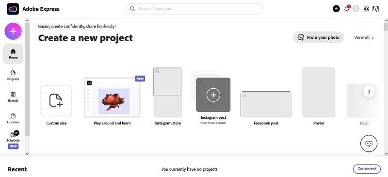 Neues Projekt erstellen Adobe Express
