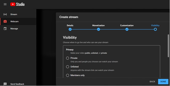create stream visibility