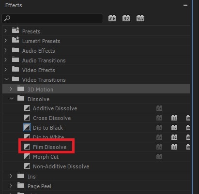 سحب خيار "Film Dissolve" في Premiere Pro