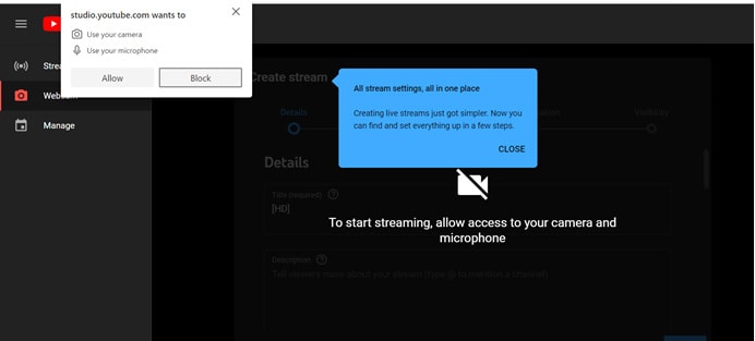 enable camera and microphone youtube