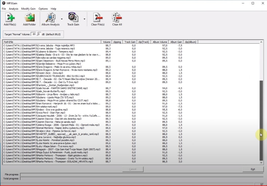 Volumes alterados para cada arquivo