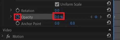 تحديد الشفافية على نقطة الصفر في Premiere Pro