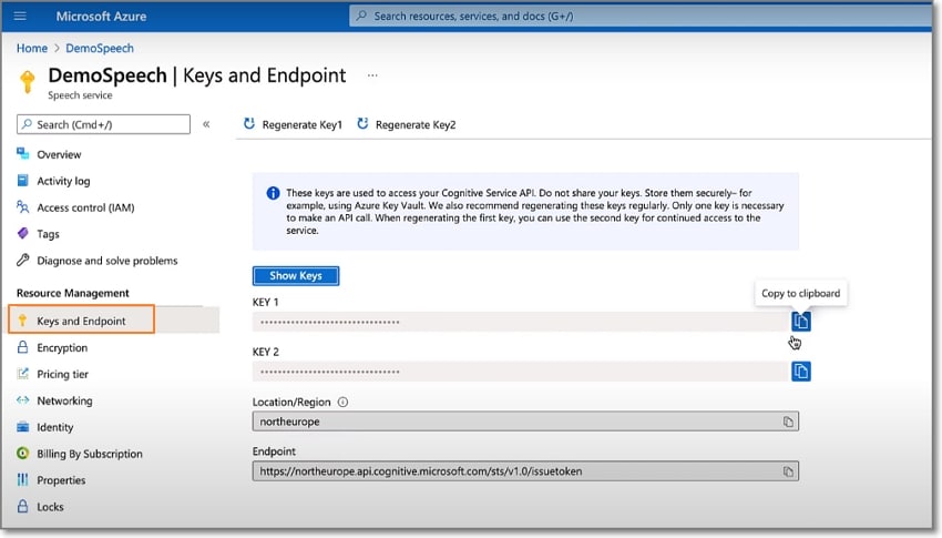 micrsoft azure speech to text copy key and region