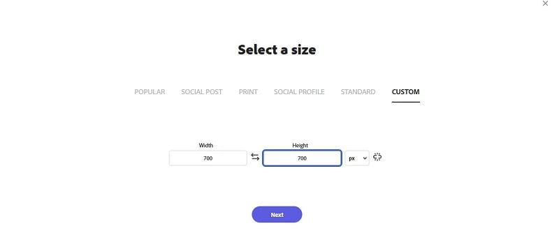 select a size adobe express