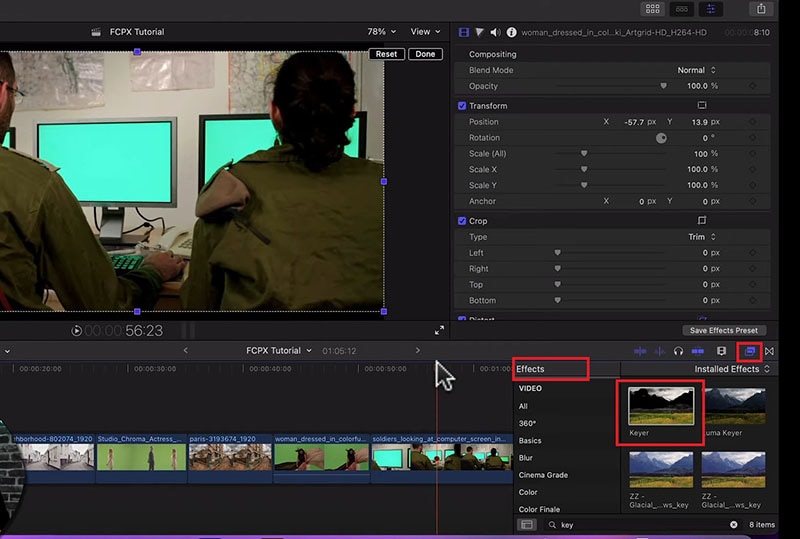 seleccionar el efecto keyer final cut pro