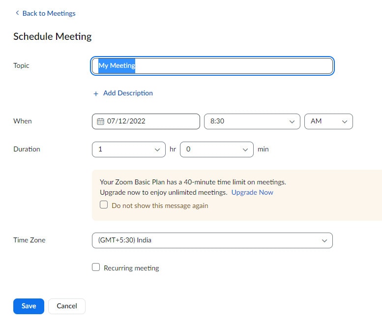 save schedule meeting setting