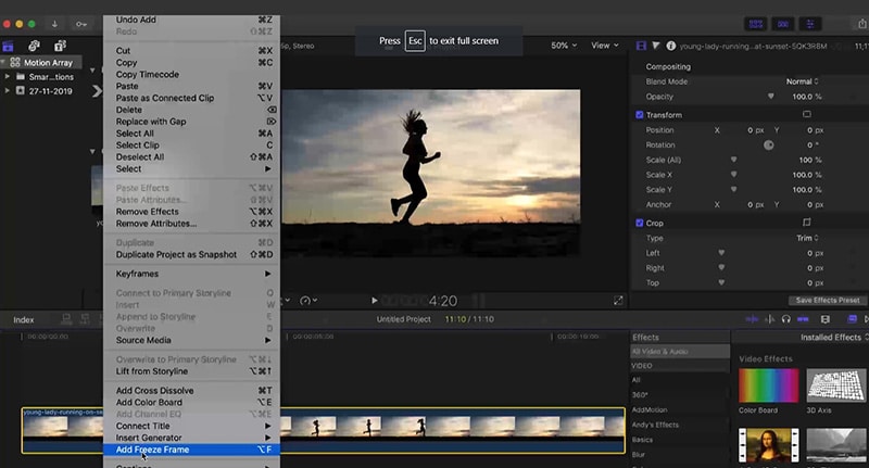 إضافة تجميد الإطار في fcpx