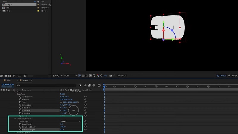 النقر على خيار geometry في after effects