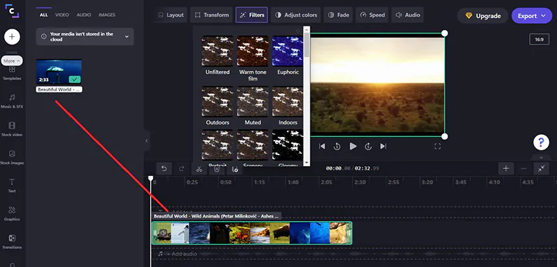 trascinare il video nella timeline di clipchamp