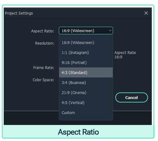 select your project aspect ratio