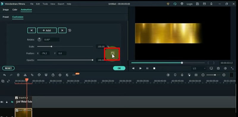 filmora de vídeo de texto com efeito dourado