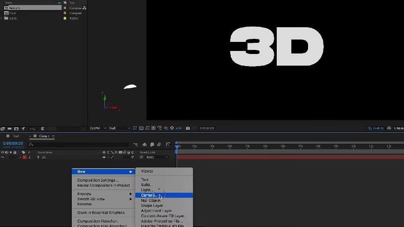 nuovo livello della telecamera in after effects