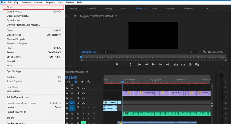 خيار new project في premiere pro