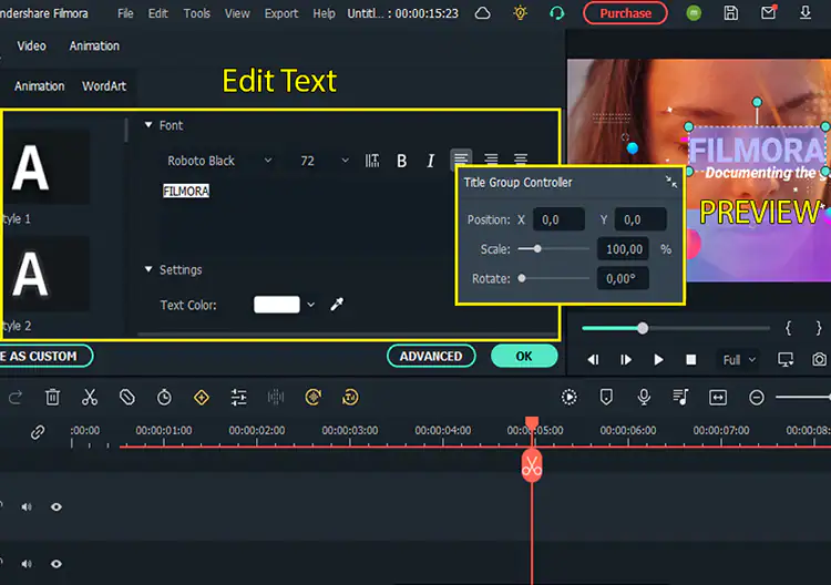 modifica testo introduzione video filmora