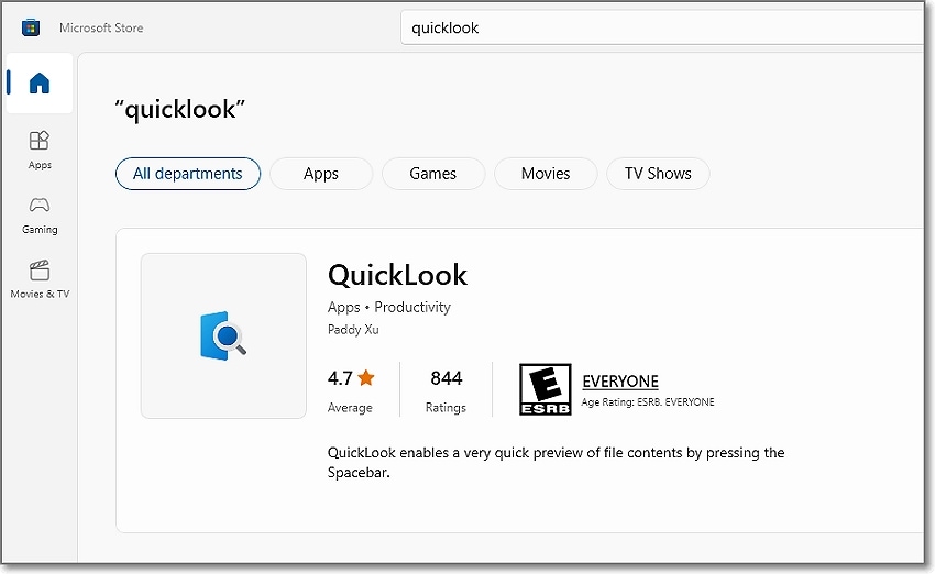 search for quicklook for windows on Microsoft store