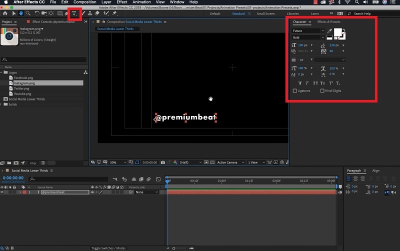 parametri di stile del testo in after effects