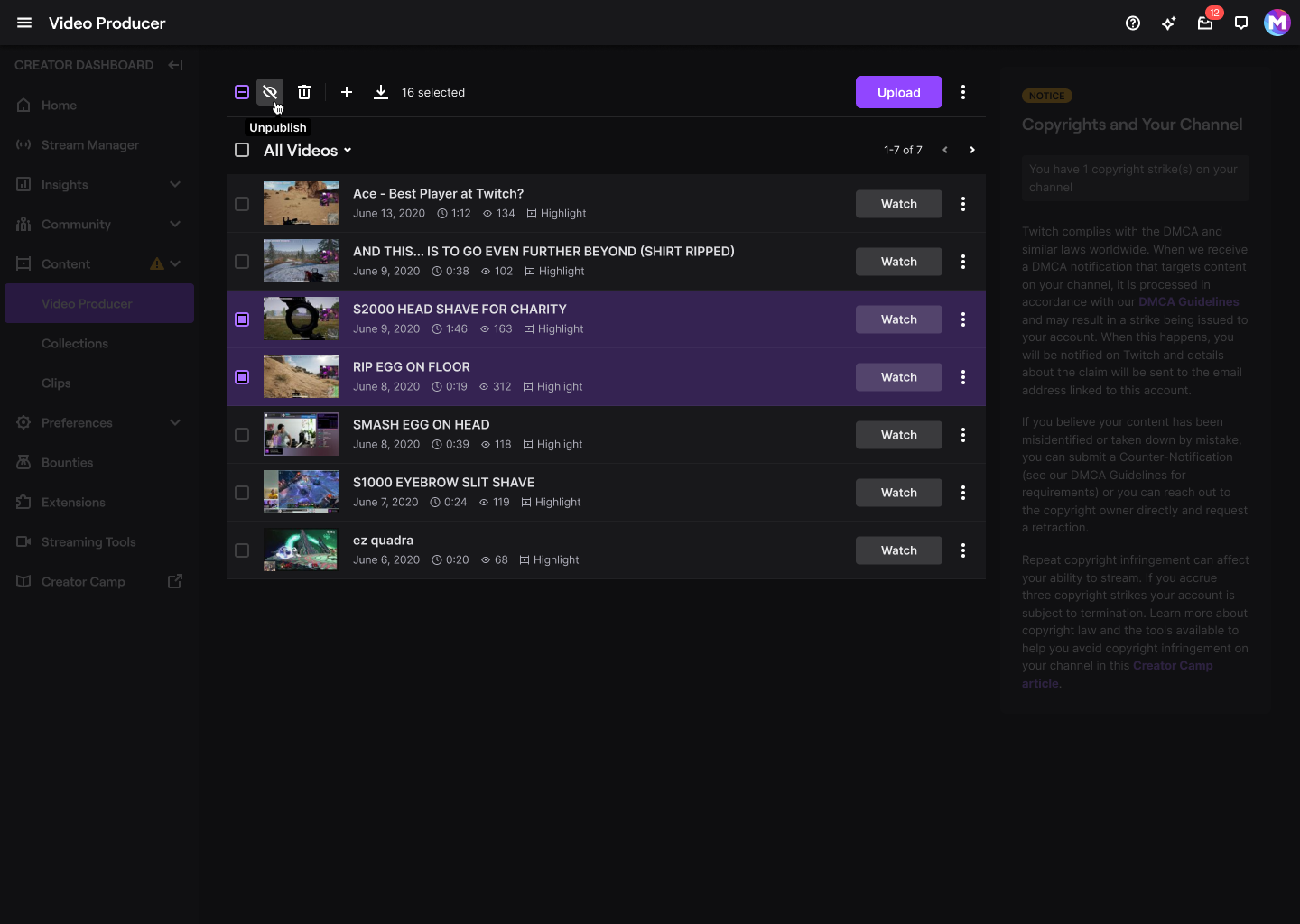 browsing your saved clips on the clips manager on twitch