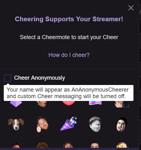 cheering anonymously on twitch