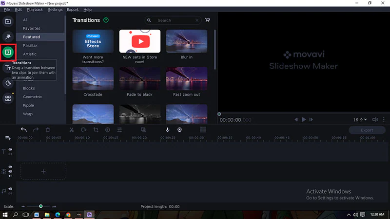 haz clic en transición de movavi slideshow maker