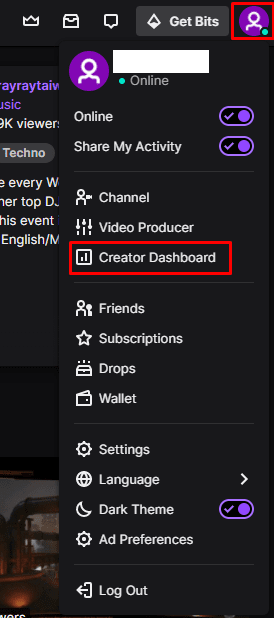 clicking on creator dashboard on twitch