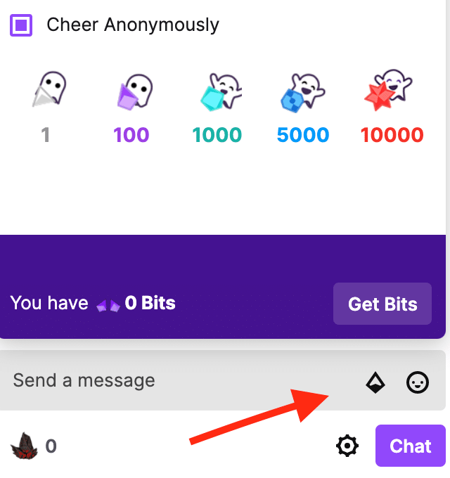 clicking on the bits icon in chat on twitch
