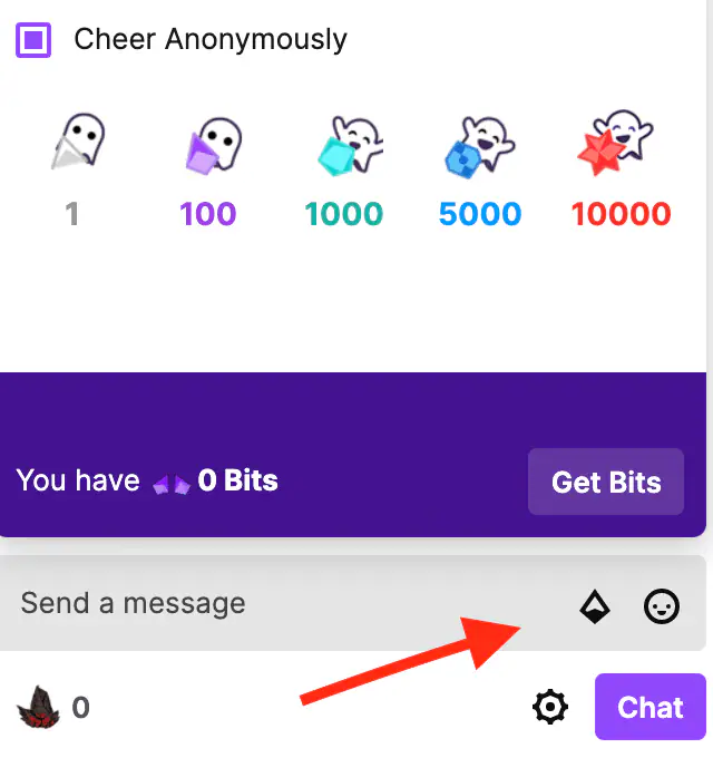 clicando no ícone de bits no chat da twitch