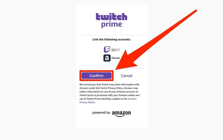 خيار تأكيد ربط حساب Amazon Prime بحساب Twitch