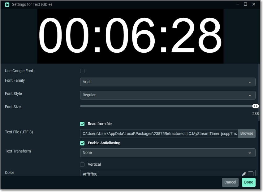 obs countdown timer copy the text path