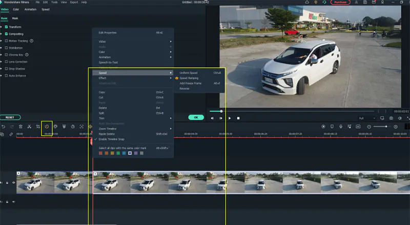 reduce speed car video filmora