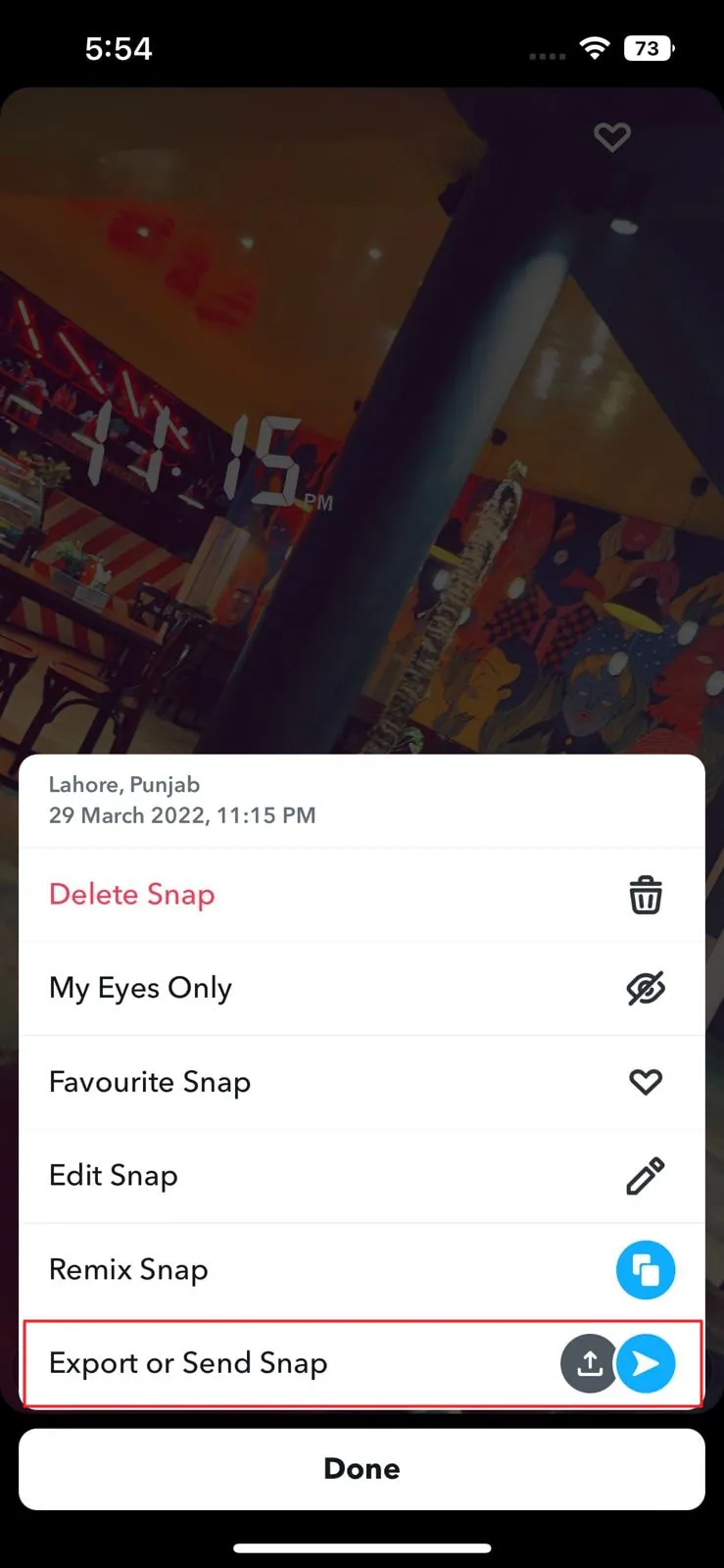 choose export or send snap option