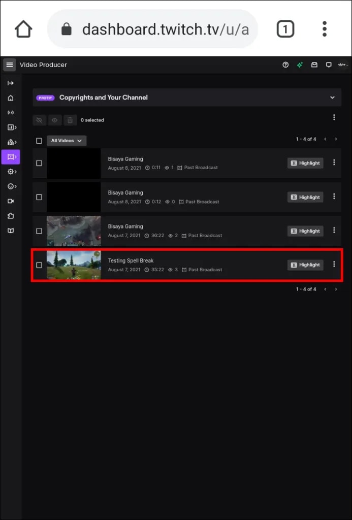 selecting the video on video producer in twitch to download your stream