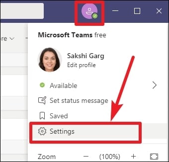 abra as configurações do Microsoft Teams