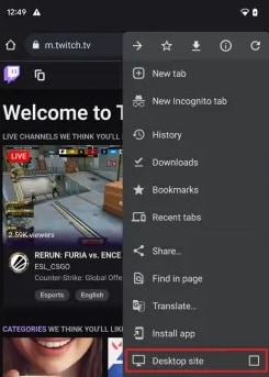 tapping desktop site to open the desktop version of twitch