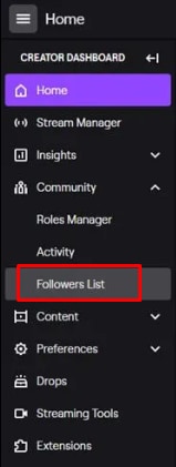 taper sur la liste des followers sur l'application twitch