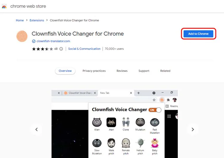 agrega la extensión de clownfish voice changer a Chrome