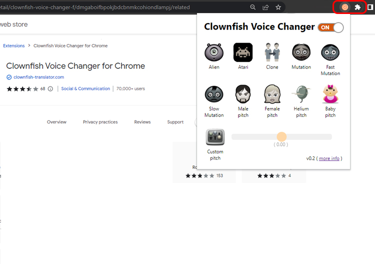 abrir extensão do clownfish voice changer no chrome