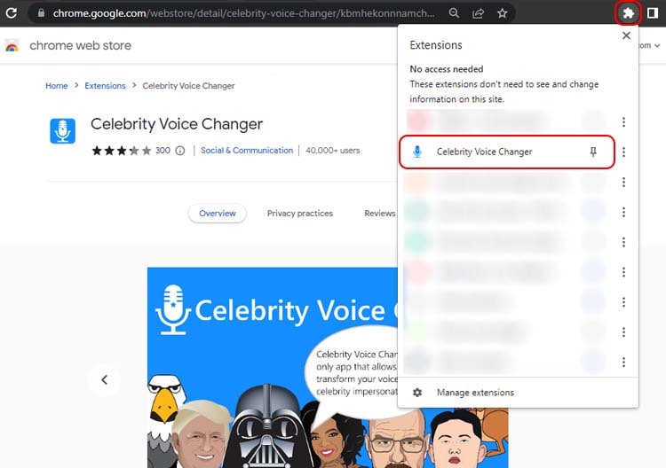 open the celebrity voice changer extension