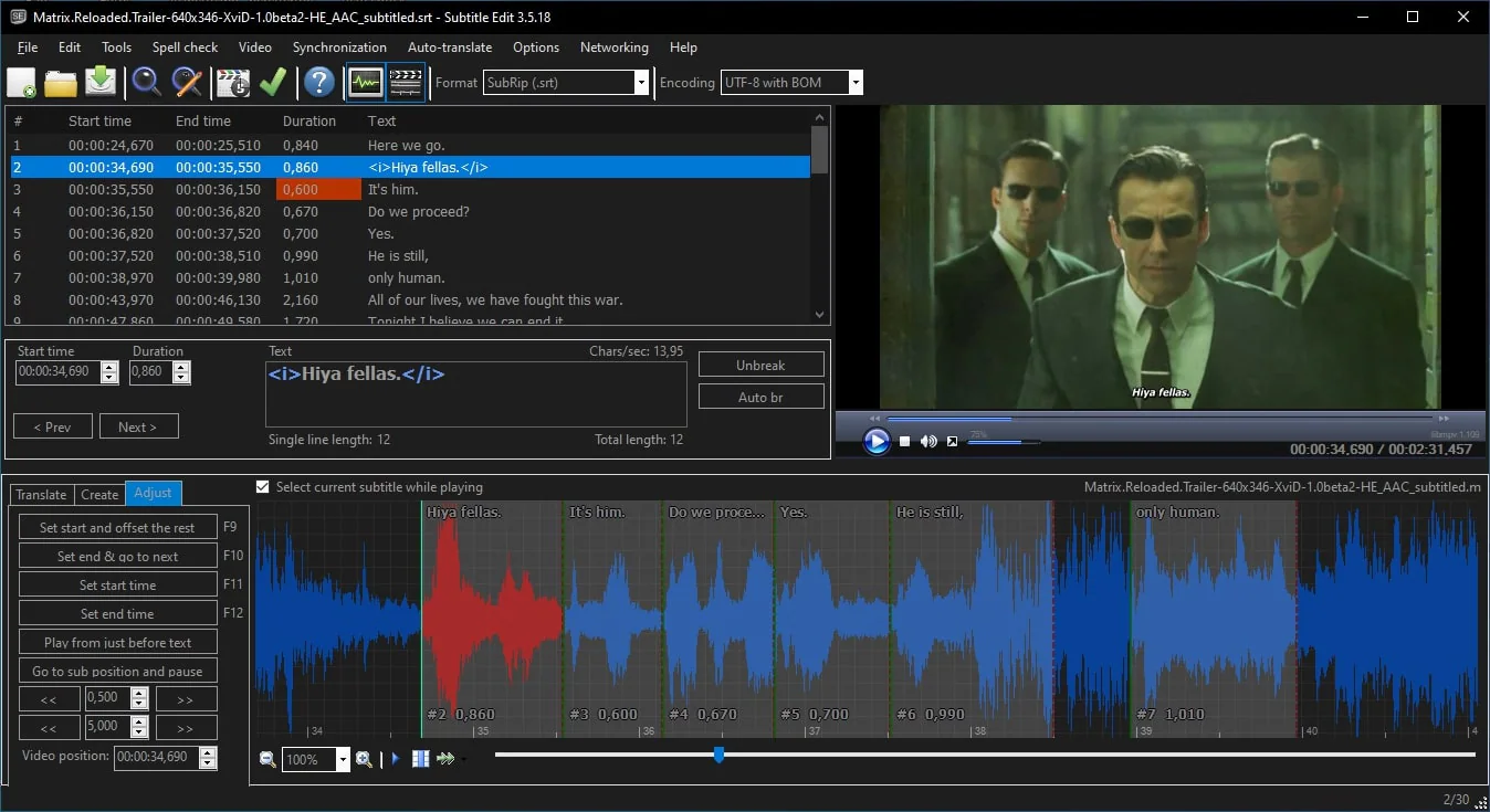 subtitle edit interface