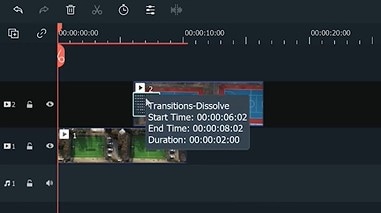 drag the transition to the start of the second video clip