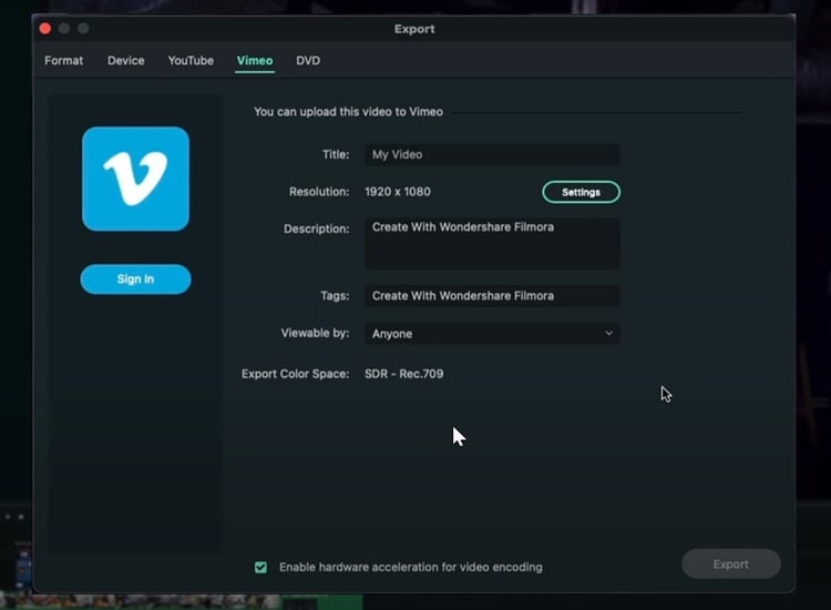 export your video on vimeo