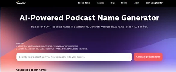 Interfaz del generador de nombres de podcast de Getwelder