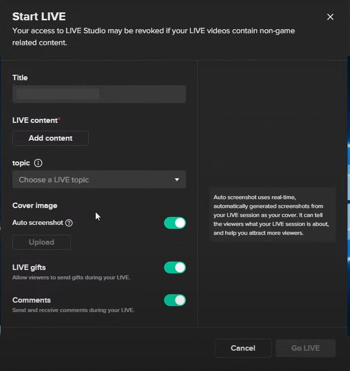 edit start live settings