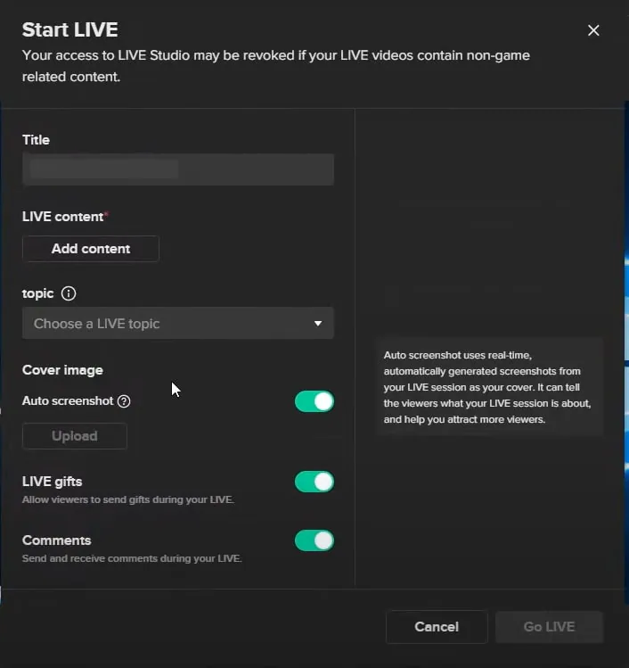 modifica delle impostazioni di start live