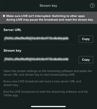 copy server url and stream key